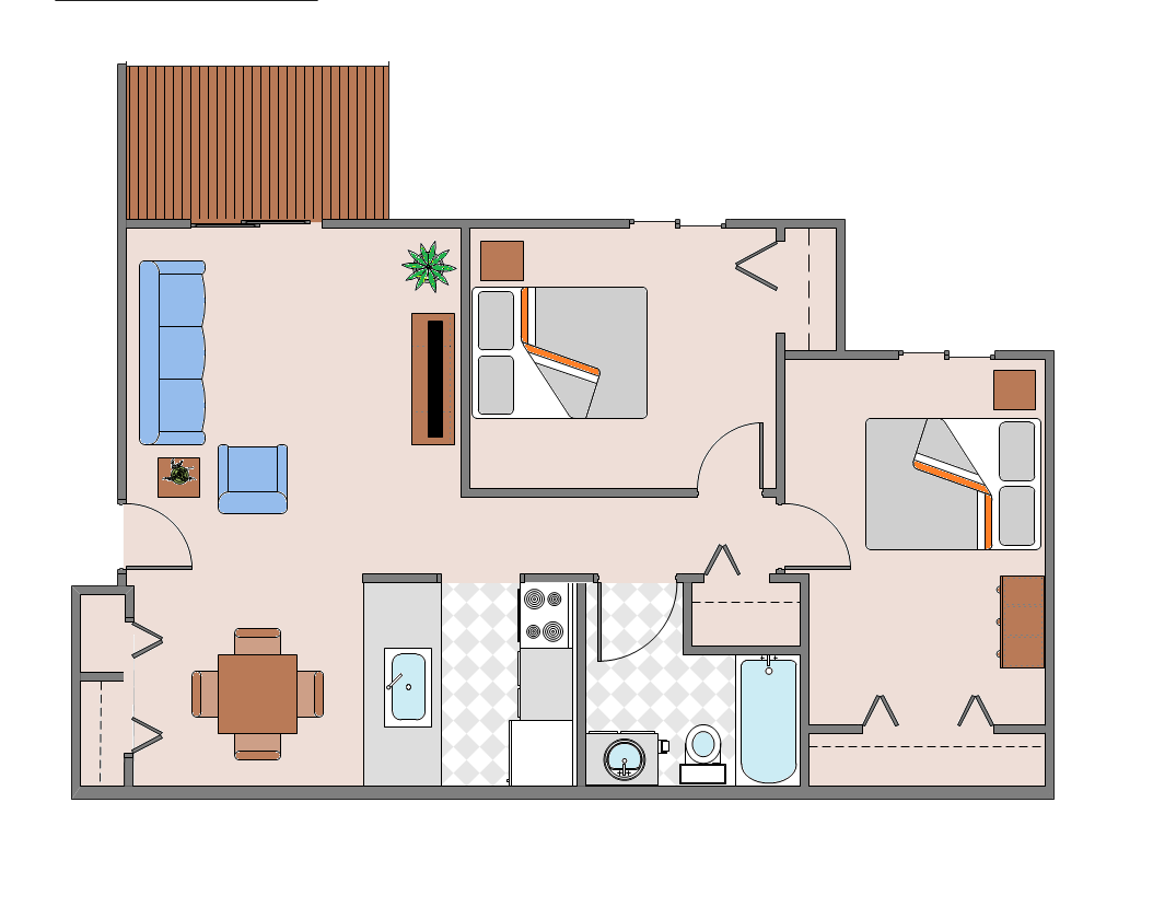 Floor plan for 2 beds, 1 bath, 748 sqft
